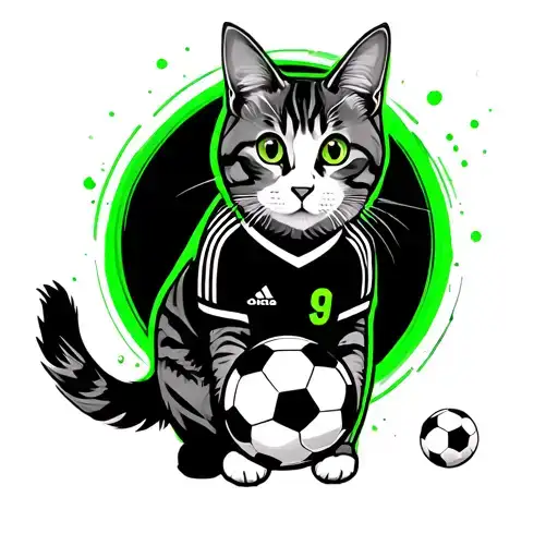 A Cat In A Black And Green Soccer Kit With A Soccer Ball
