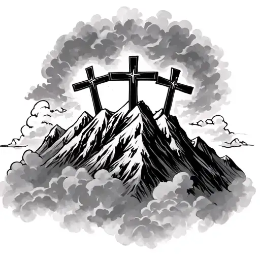 3 Crosses On A Mountain With Clouds Surrounding