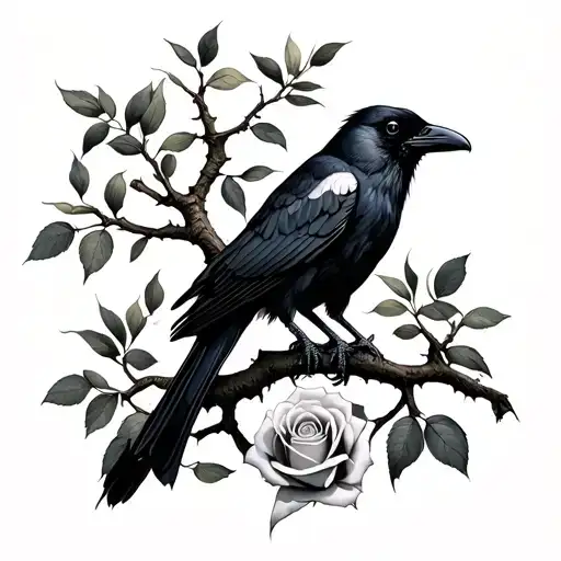 Olive Tree And Raven Perched With Rose Intertwined