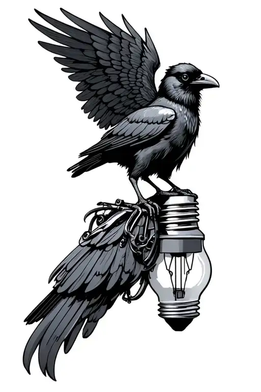 Crow With Mechanical Wing On Top Of A Light Bulb
