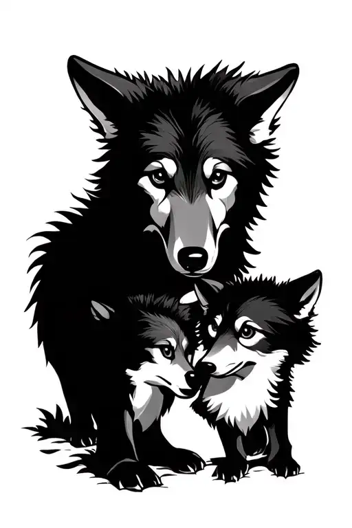 Wolf Cubs Playing In The Forest Surrounded