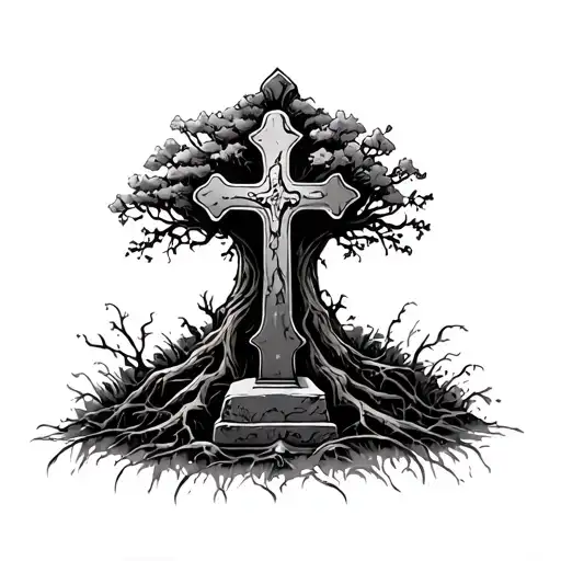 Cross With Poison Tree Growing With Grave Stone Underneath It