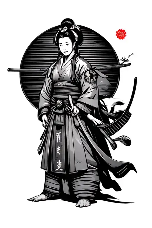 Samurai Warrior With A Geisha Standing With Him