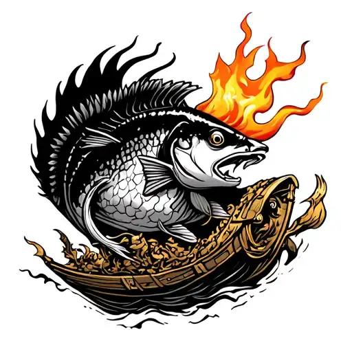 Fish With Flame Horns Riding On A Chariot Of Gold Flying Into The Night Sky