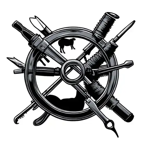 A Black-grey Tattoo Of An Optician's Tools Intertwined With Farm Animal Silhouettes