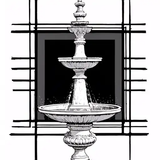 A Tall White Three Tiered Fountain With A Black Square As The Background