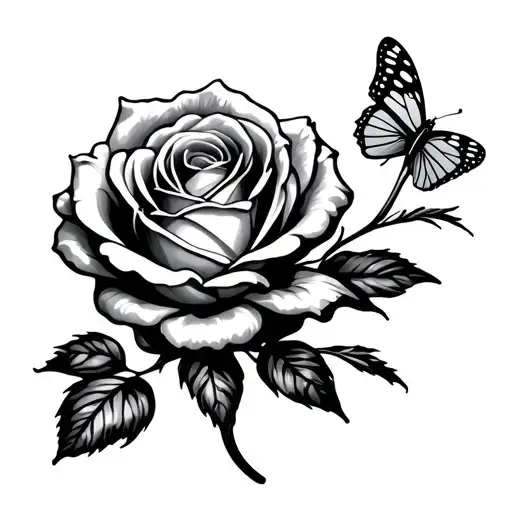 One Rose Flower With A Small Butterfly