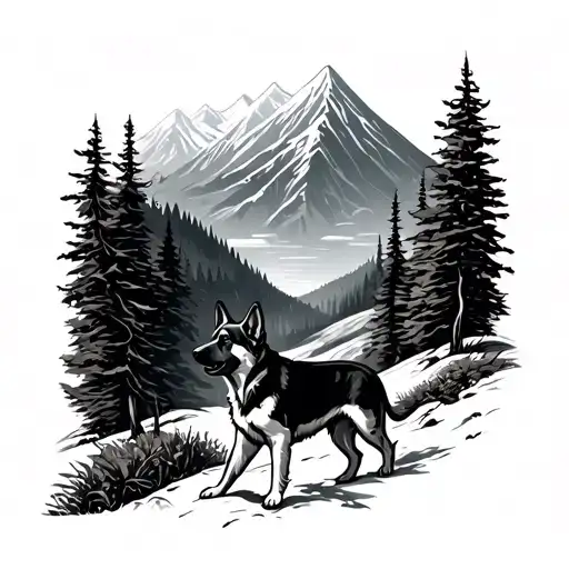 A View Of A Valley And A German Shepherd Walking Through It