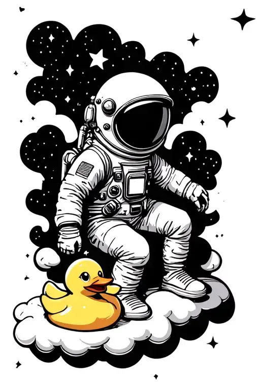 Astronaute Seated On A Cloud And A Rubber Duck Toy By Its Side Light Drawing Cute Animated
