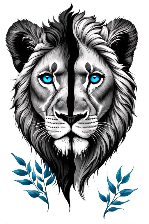 Half Lion Cub With Blue Eyes And The Other Half Lion With Blue Eyes