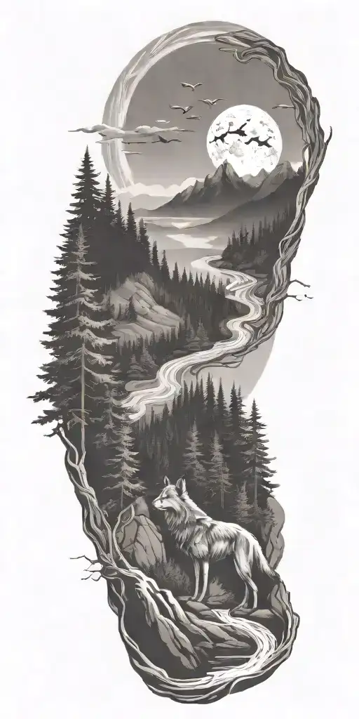 A River Winding Through A Forest Leading To Mountains With Wolf