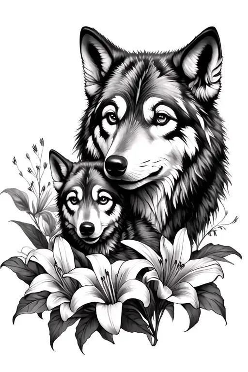 A Mom And Baby Wolf Head Surrounded By Tiger Lillies