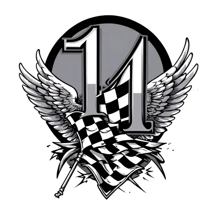 Number 14 With Wings And A Checkered Flag Intertwined