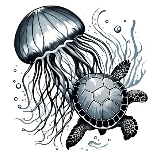 Jellyfish And Sandollar And Turtle Swimming