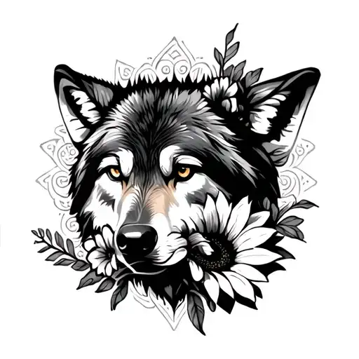 Wolf Surrounded By A Design Mandala With Flower And Sunflower