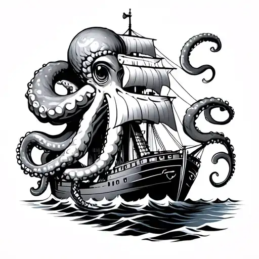Geiger Octopus Wrapping Its Tentacles Around A Ship