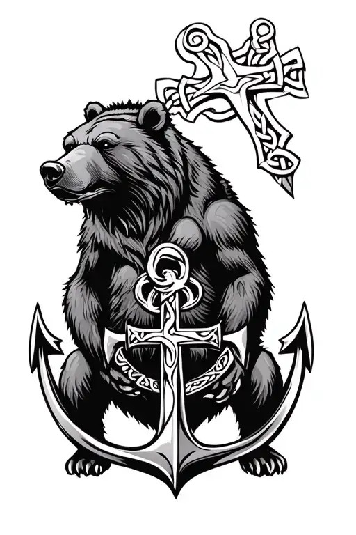 Celtic Grizzly Bear With Anchor And A Christian Cross