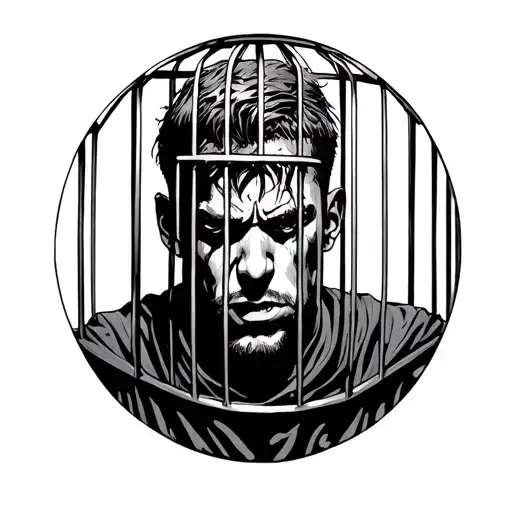 Frontal View Guy Caged In Cell In Darkness With Sunlight Piercing Thru