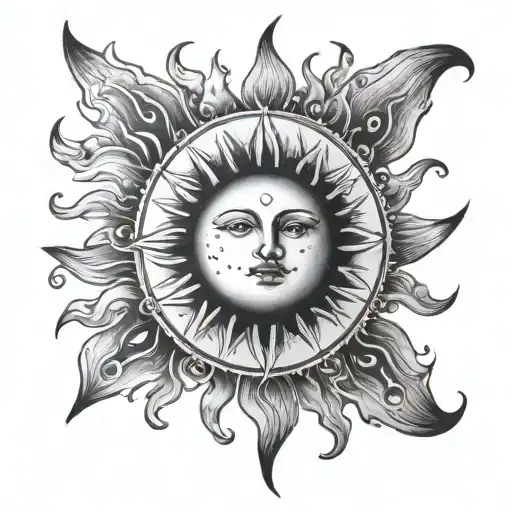 Beautiful Sun With Moon Black And White Tattoo On Collarbone