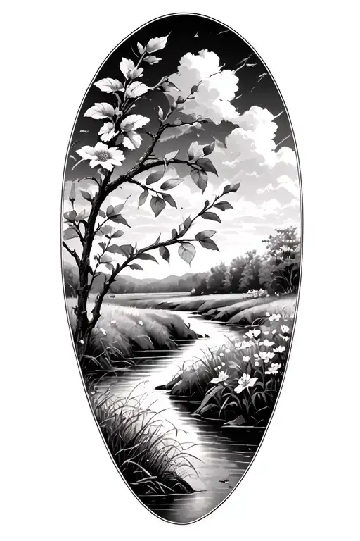 Realism Prairie Landscape With A Flowing River And Flowers And Hawthorne Branch In Forefront