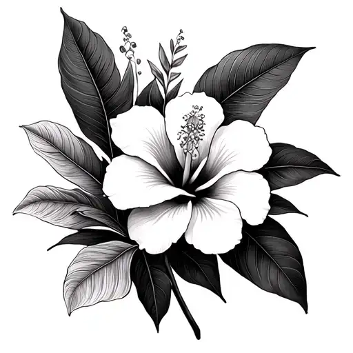 Palm Branches Hibiscus Flowers Large Black Leaves