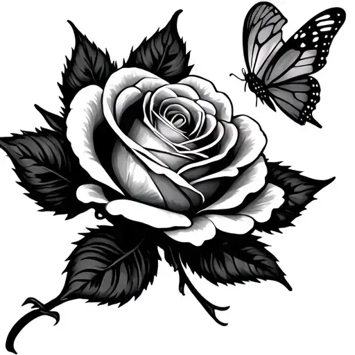 One Rose Flower With A Small Butterfly