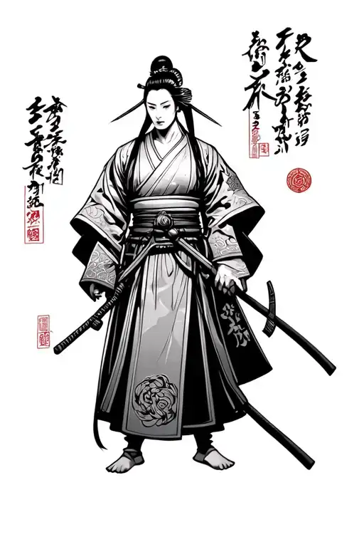 Samurai Warrior With A Geisha Standing With Him