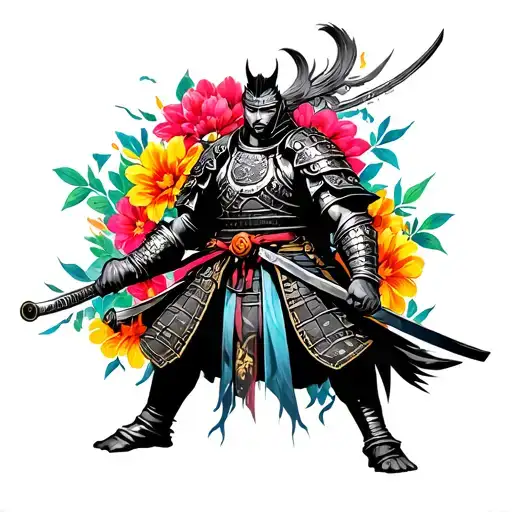 Drak Samurai With Colorfull Flowers Coming From His Armor