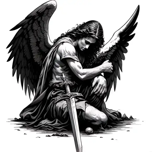 One Winged Angel With His Head Looking Down With A Sword Piercing The Ground