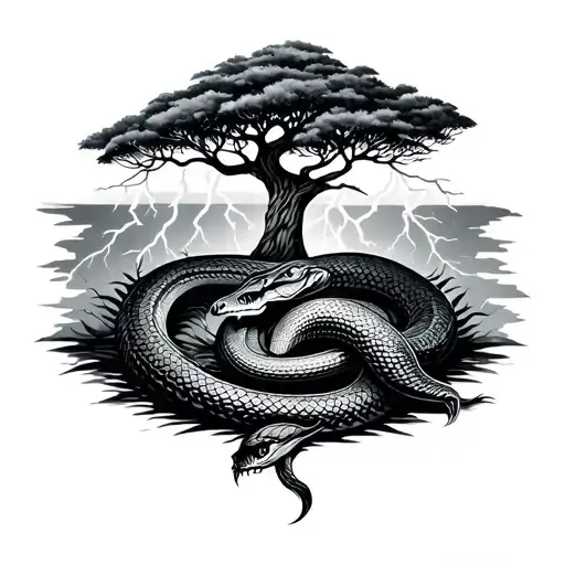 Tree Next To Snake Under Lightning