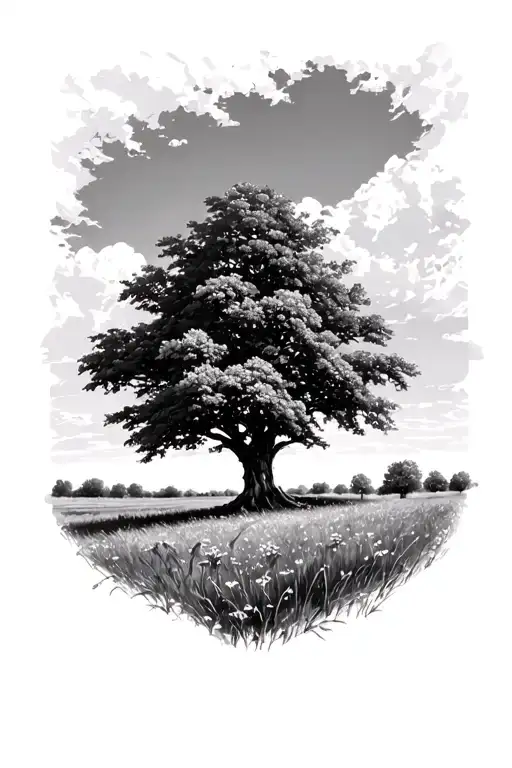 Realism Prairie Landscape With Hawthorne Tree In Foreground