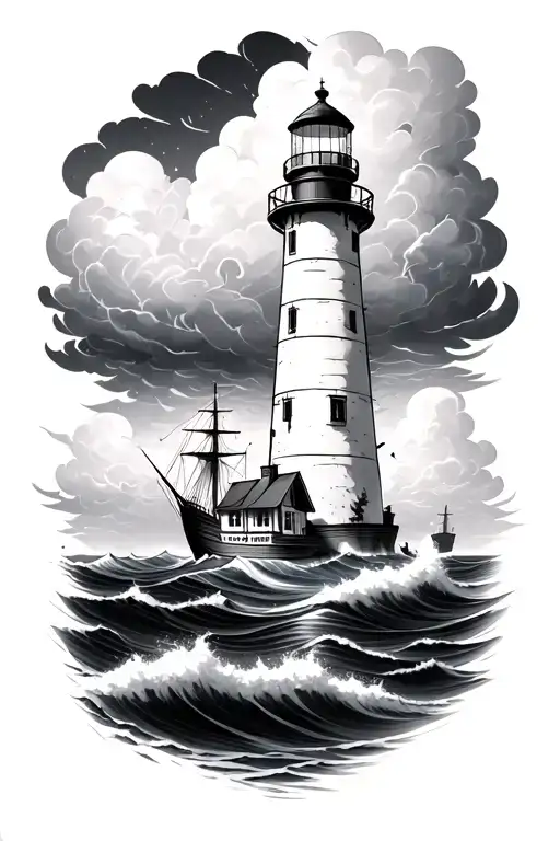 Light House With Storm Clouds And Ships Crashing Waves