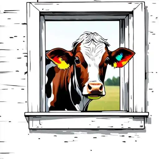 Cow With Colorful Spots Looking Through Old Window Nostalgic Vibe Outside