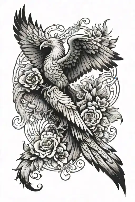 Phoenix Bird With Eagle And Flowers Intertwined