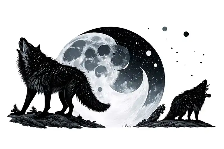 Minimalist Moon Phases With A Lone Wolf Howling At The Phase Of The Moon When Its Full