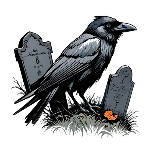 Crow In Graveyard Scene With Tombstones
