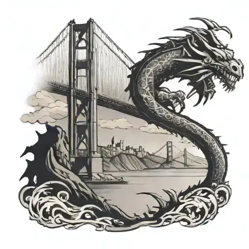 A Silhouette Of The Golden Gate Bridge With A Dragon Wrapping Around It