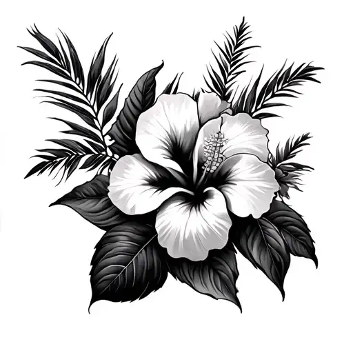 Palm Branches And Multiple Hibiscus Flowers Large Black Leaves