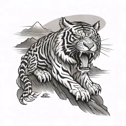 Minhwa Tiger With Korean Temple And Mountains In Background