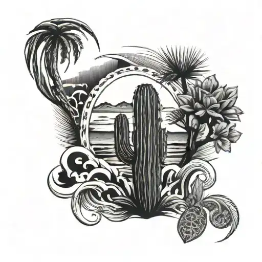 Black And White Tattoo With Palm Tree And Cactus And Waves And Wedding Ring