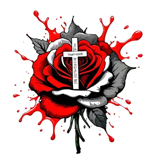 Splashes Of Red And Black Around A Rose And A Cross That Says The Words Trust In God