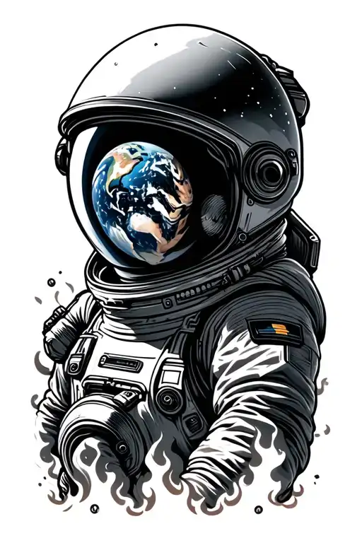 Astronaut With Helmet Facemask Reflecting The Earth Burning