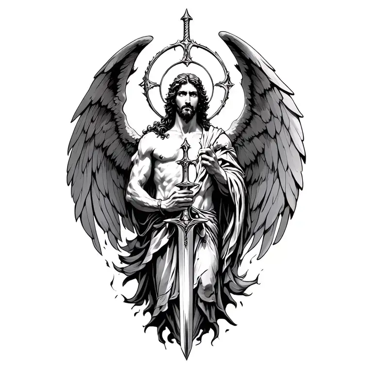 Archaengel Michael With Sword And Halo Emerging From Hell