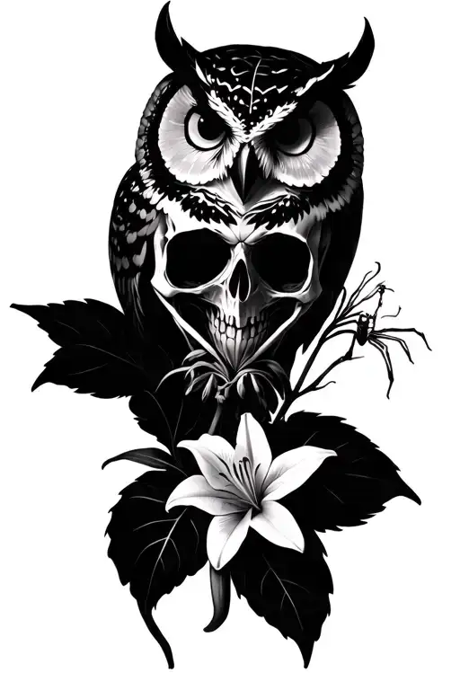 Owl Skull In A Forest With Chinese Spider Lilly Flowers