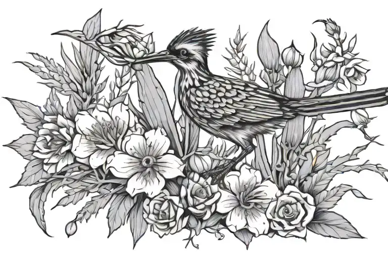 Skeleton Of A Road Runner In Front Of A Blooming Prickly Pear And Yucca