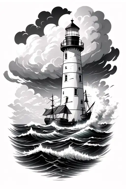 Light House With Storm Clouds And Ships Crashing Waves