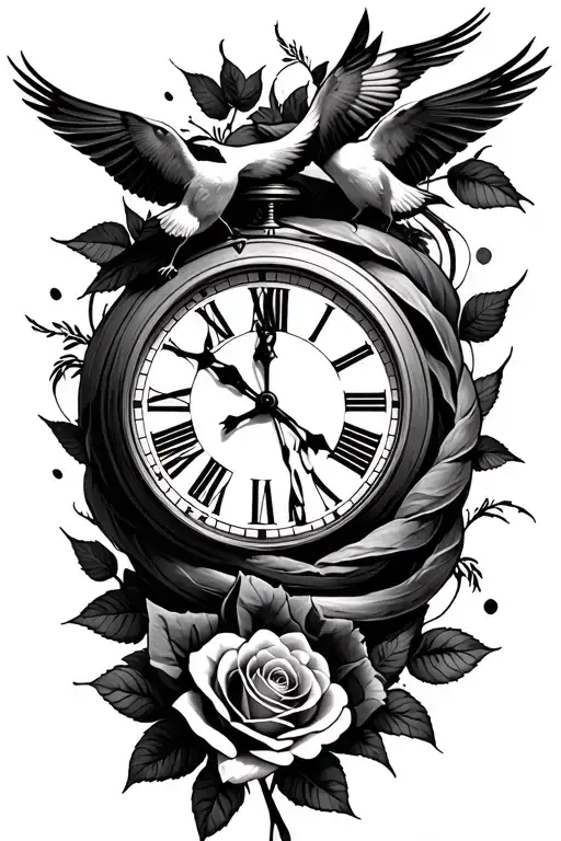 Clock Death Date Roses Wrapped Tightly Birds Flying