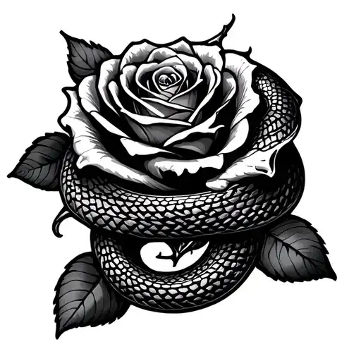 Snake Coiling A Rose With Spider Web Design