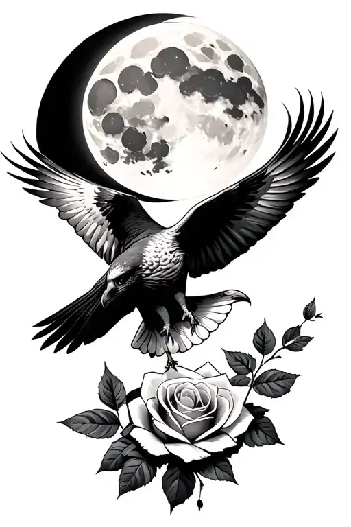 A Moon With A Hawk Flying Beneath It In The Wind With A Rose