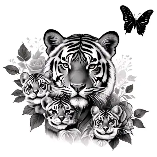 Mama Tiger And 4 Cubs Roses And Butterfly's